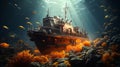 Vintage submarine amidst underwater coral landscape. Concept of underwater exploration, marine vehicle, ocean adventure