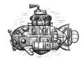 Vintage submarine in sea drawn in engraving style. Hand drawn retro deep-sea bathyscaphe sketch. Vector illustration Royalty Free Stock Photo