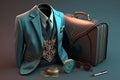 Vintage suit, briefcase and pocket watch. 3d illustration