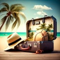 Vintage suitcase and hat on wooden desk. Summer time travel bag. Tropical sea, beach and palm three in background Royalty Free Stock Photo