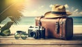 Vintage suitcase, hipster hat, photo camera and passport on wooden deck. Tropical sea, beach and palm three in background. Summer