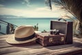 Vintage suitcase, hipster hat, photo camera Summer holiday and cruise traveling concept. illustration generative ai