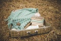 Vintage suitcase with old books and a knitted shawl on the faded and withered grass