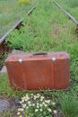 Vintage suitcase on the old rusty railroad tracks overgrown with grass and flowers Royalty Free Stock Photo