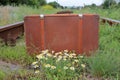 Vintage suitcase on the old rusty railroad tracks overgrown with grass and flowers Royalty Free Stock Photo