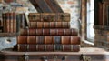 A vintage suitcase propped up on a stack of old leatherbound books serving as a unique and charming podium for