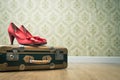 Vintage suitcase and red shoes