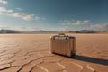 A vintage suitcase sits alone on cracked dry mud in a vast desert landscape, with distant mountains under a cloudy blue sky