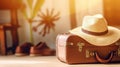 Vintage suitcase with straw hat and shoes on wooden floor at home. Vacation and travel concept Royalty Free Stock Photo