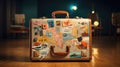 A vintage suitcase with travel stickers with photo realistic illustration - Generative AI.