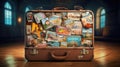 A vintage suitcase with travel stickers with photo realistic illustration - Generative AI.
