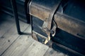 Vintage suitcase on wooden floor. Close up Royalty Free Stock Photo