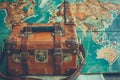 Vintage suitcase on wooden table and world map background, travel concept Royalty Free Stock Photo