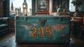 Vintage suitcase with world map and number 205 sits on table in room overlooking Big Ben Royalty Free Stock Photo