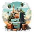 Vintage Suitcases Stacked With Tropical Beach Background and Historic ArchitectureTravel