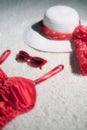 Vintage summer hat, red sunglasses and swimsuit. Royalty Free Stock Photo