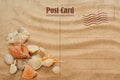 Vintage summer postcard. Seashell on the sand