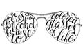 Vintage summer sunglasses with lettering quote on white background. Summertime stamp, label, patch design. Vector graphics and emb