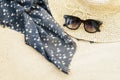 Vintage summer wicker straw beach bag, sun glasses and bag on the sand