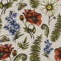 Vintage Summer Wildflowers Seamless Pattern, Classic Botanical Poppy, Daisy Texture on beige