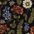 Vintage Summer Wildflowers Seamless Pattern, Classic Botanical Poppy, Daisy Texture on black