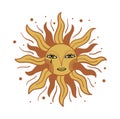 Vintage sun with face, medieval engraving, hand drawing, linocut. Mystical tarot symbol for astrology. Old style, vector