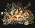 Vintage Sun Illustration With Woodland Treasures, Amanita Mushroom, Fern, Forest Plants Baner