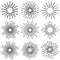 Vintage Sunburst icon vector set. Explosion Hand drawn illustration sign collection. Elements Fireworks, Black Rays. Royalty Free Stock Photo