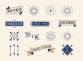 Vintage sunburst rays. Banner with circle lines. Retro hipster elements. Ribbon frames. Logo badge with sun lights and