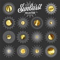 Vintage sunburst, sunset beams. Gold foil, shiny handmade circles. Golden glittering texture, pattern. Hand drawn Royalty Free Stock Photo