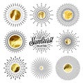 Vintage sunburst, sunset beams. Gold foil, shiny handmade circles. Golden glittering texture, pattern. Hand drawn Royalty Free Stock Photo