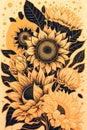 Vintage sunflowers vector illustration. Hand drawn sunflowers.