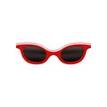 Vintage sunglasses with black lenses and red frame. Fashion eyewear for summer season. Stylish women`s accessory. Flat Royalty Free Stock Photo