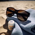Vintage Sunglasses and Sunscreen on Beach Towel