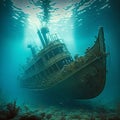 Vintage sunken ship sailboat at bottom of sea, covered with algae and shells