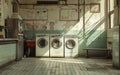 A vintage, sunlit laundromat with three washing machines, tiled walls, and posted instructions. Royalty Free Stock Photo