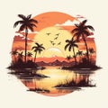 Vintage Sunset Oasis: Vector Graphics On White Background