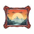 Vintage Glacier Sunset Picture Frame - Vector Graphics On White Background