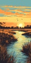 Vintage Sunset Marsh Illustration In High-contrast Realism