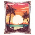 Vintage Sunset Oasis Picture Frame With Vector Graphics