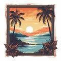 Vintage Sunset Oasis Picture Frame With Vector Graphics Royalty Free Stock Photo