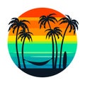 Vintage sunset with palm trees and stretched hammock, vector emblem of tropical paradise