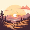 Vintage Sunset Valley: A Whistlerian Illustration Of A Serene Mountain Path