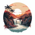 Vintage Sunset Waterfall: Vector Graphics With A Nostalgic Touch Royalty Free Stock Photo