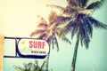 Vintage surf beach house signage and coconut palm tree on tropical beach blue sky