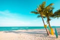 Vintage surf board with palm tree on tropical beac