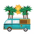 Vintage surf van in the beach cartoon Royalty Free Stock Photo