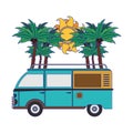 Vintage surf van in the beach cartoon Royalty Free Stock Photo