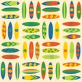 Vintage Surfboards seamless vector background. Surf sport background in retro style. Summer vacation travel illustration. Use for