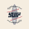 Vintage Surfing Emblem with original lettering.Vector illustration or logo.